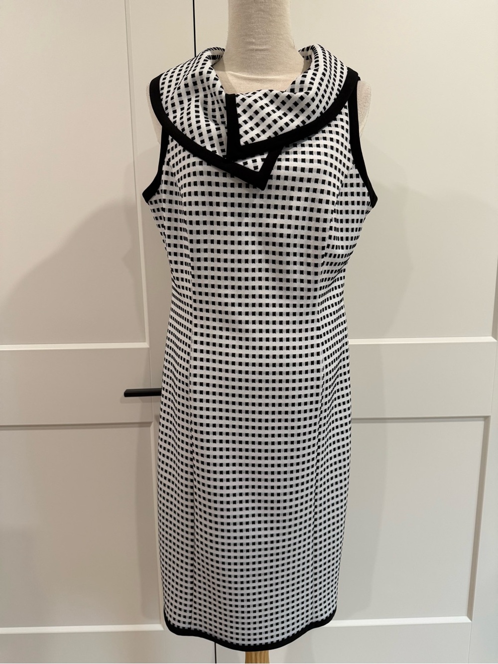 Joseph Ribkoff Black & White Checked Midi Dress with Statement Collar